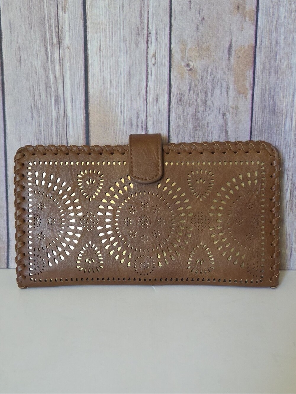 Brown Laser-Cut Leather Wallet/Clutch with Whipstitch Trim